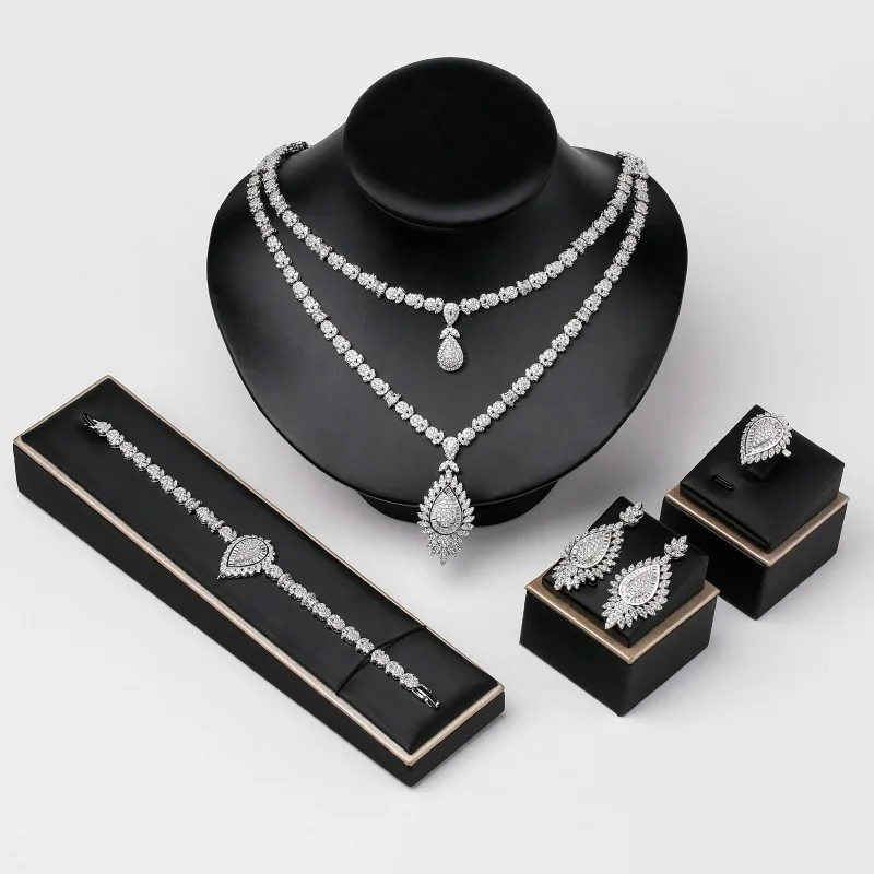 EYER свадебные комплекты ожерелье серьги браслет кольцо в форме капли воды для женщин полный кубический цирконий свадебные комплекты ювелир...