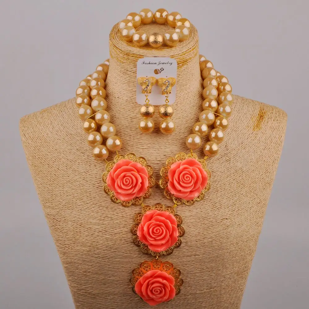 

Nigerian Wedding African Beads Jewelry Set Coral Color Flower Gold Necklace African Set