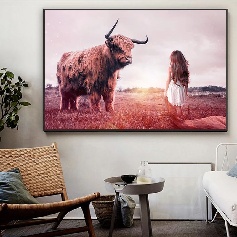 Картина на холсте с изображением девушки и коровы настенные картины дикими