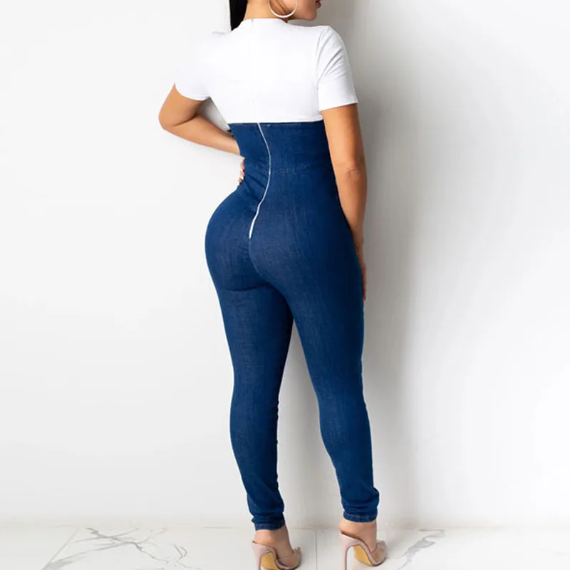

Jumpsuits Women Denim Patchwork Streetwear Short Sleeve Chic Womens Trendy Jeans Romper Casual Playsuit Overall