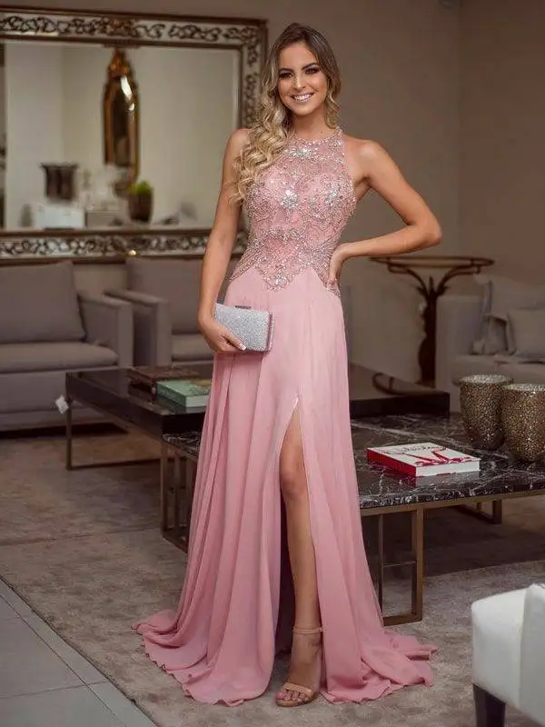 

Long O-Neck Mermaid Pink Chiffon Evening Dresses with Slit Floor Length Beaded Back Formal Party Dresses for Women