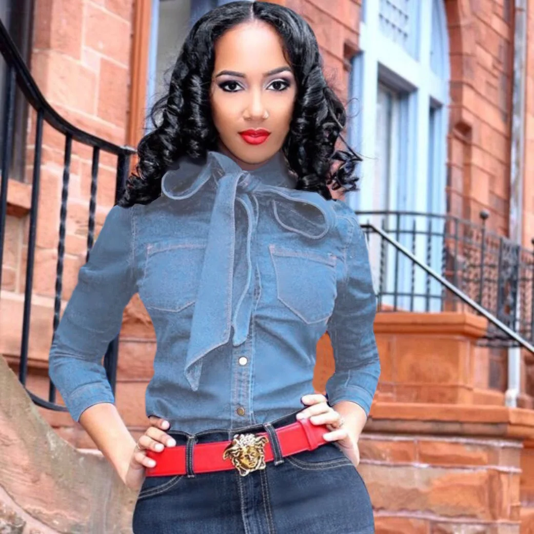 

Женские футболки с бантом на пуговицах, модные джинсовые рубашки с карманами, повседневная однотонная блузка с длинным рукавом