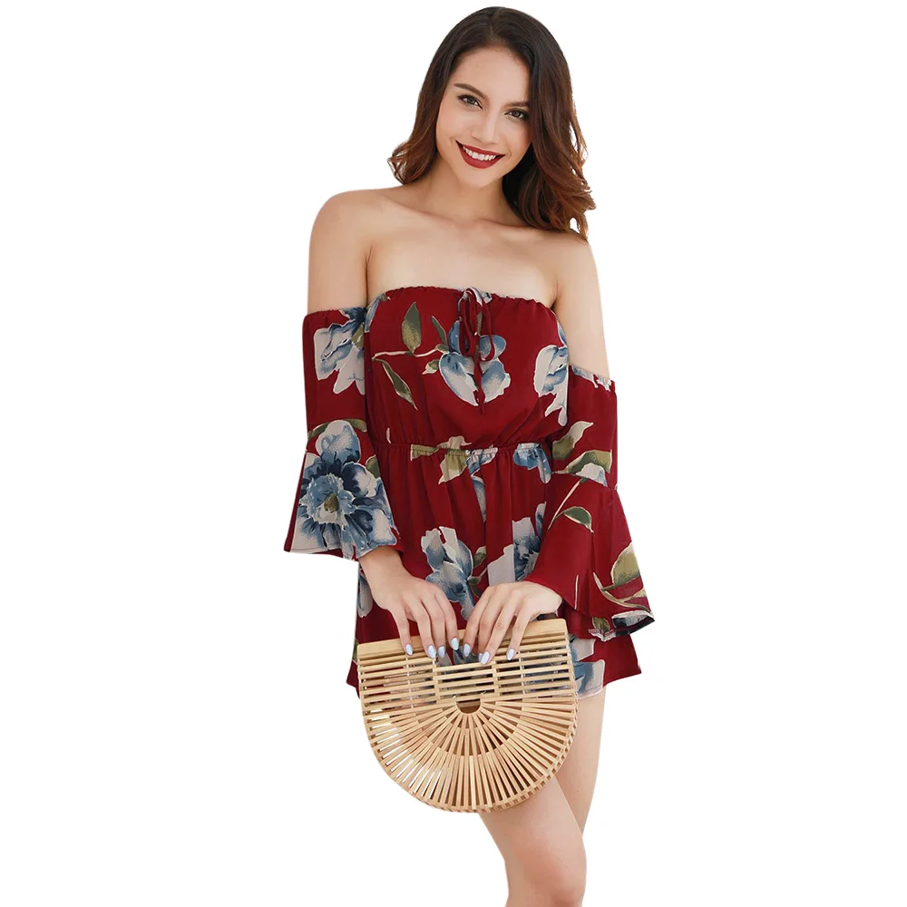 New Women Romper Sexy Fashion Floral Print Bell Sleeve Jumpsuit Summer Beach Off Shoulder Body Suit Casual Large Size Playsuits | Женская