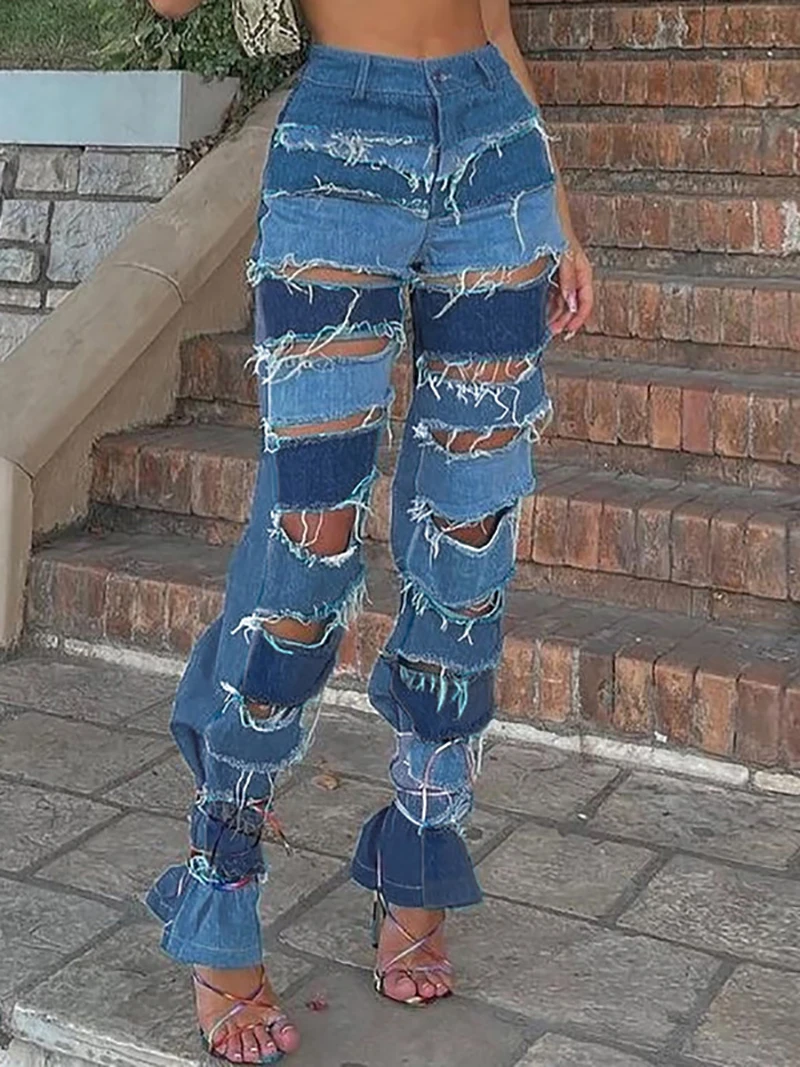 

Джинсы женские рваные в стиле пэчворк, модные брюки с широкими штанинами, облегающая уличная одежда с завышенной талией, Y2K, 90-х