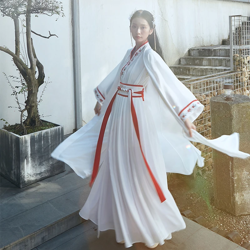 

Женское белое платье-ханьфу, из трех предметов, с юбкой, в китайском стиле, костюм ханьфу, Национальный костюм ханьфу, праздничный наряд, сце...