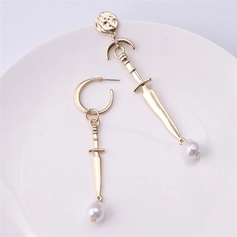 

HF JEL Vintage Pearl Dagger Drop Earrings for Women Gold Color Big Sword Dangle Women Earrings Christmas Jewelry Free Shipping