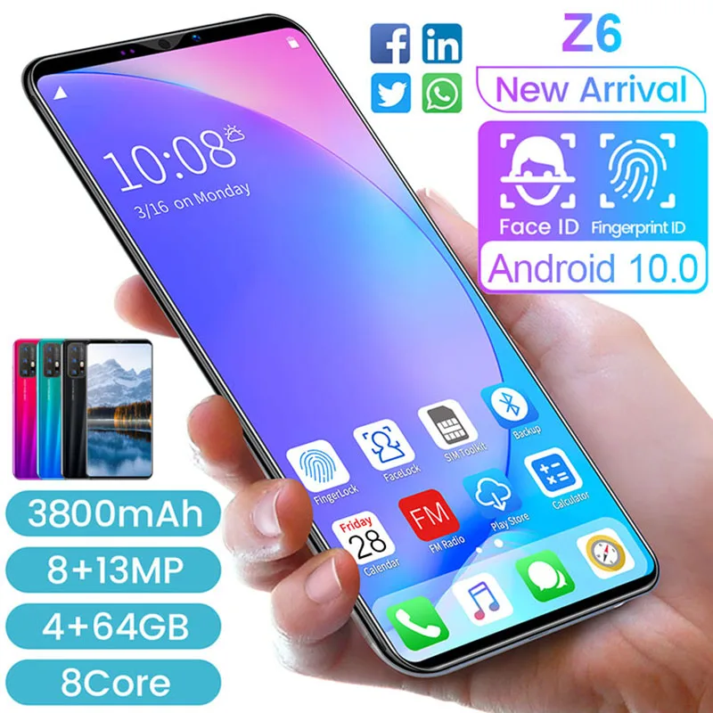 

Grobal Version HD Screen 5 Inch Z6 5G Smart Phones 3800mAh Battery 10 Core Cellphone 8+13MP Face ID Android Mobilephone