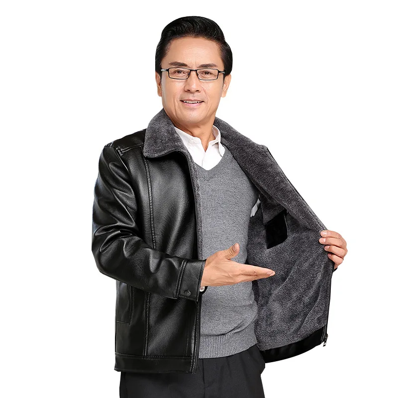 

men's aged leather clothes father's clothes autumn winter leather jacket casual business clothes Plush thick coat man