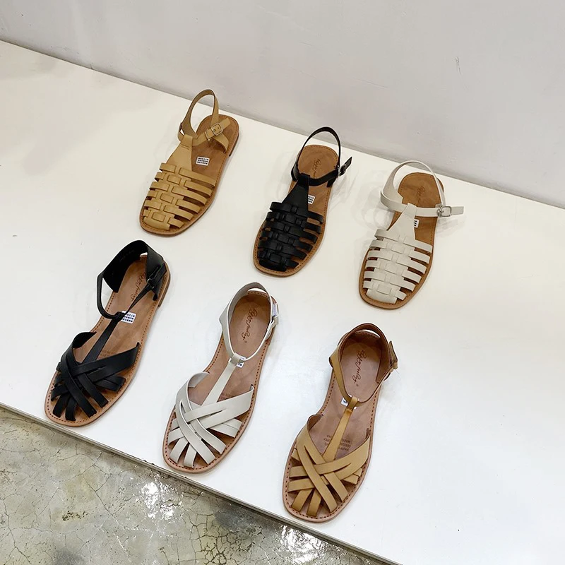 

Cross Weaving Narrow Band Sandalias Mujer Ankle Buckle Square Toe Flats Slippers Vintage Cut-out Gladiator Sandals Casual Shoes
