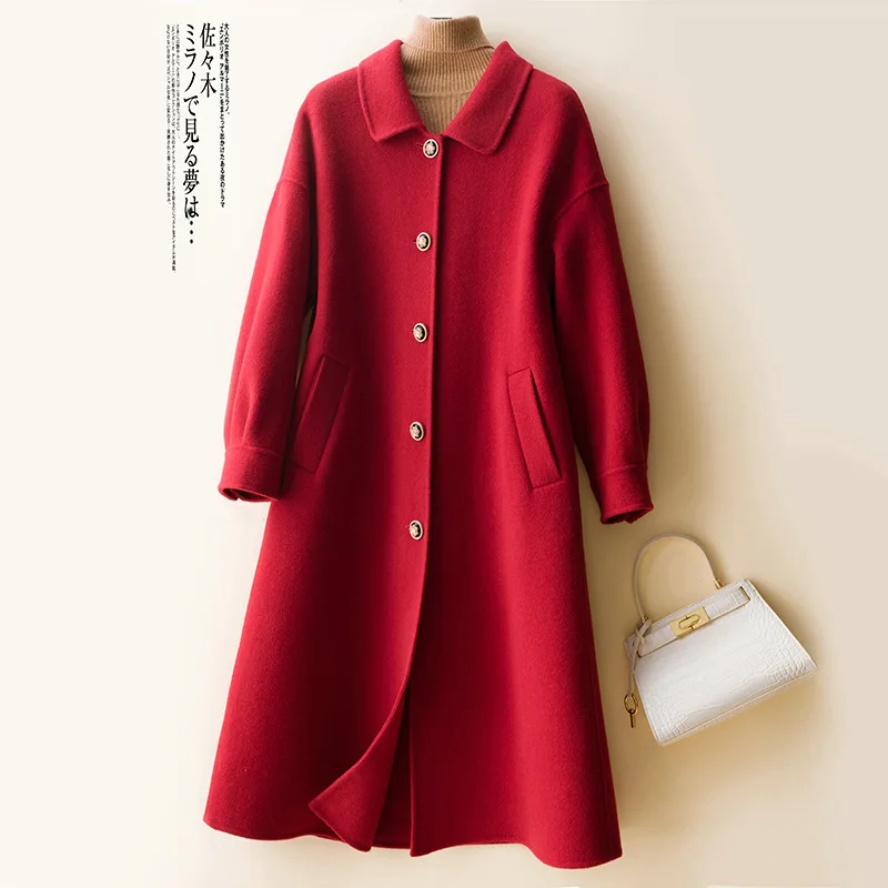 

2021 new Korean fashion women's autumn and winter double faced woolen coat medium long solid loose woolen coat