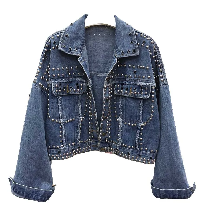 

Rivet Diamonds Beading Women Denim Jacket Single Breasted Casual Button Coat 2019 Spring Autumn New Fashion Jeans Outwear