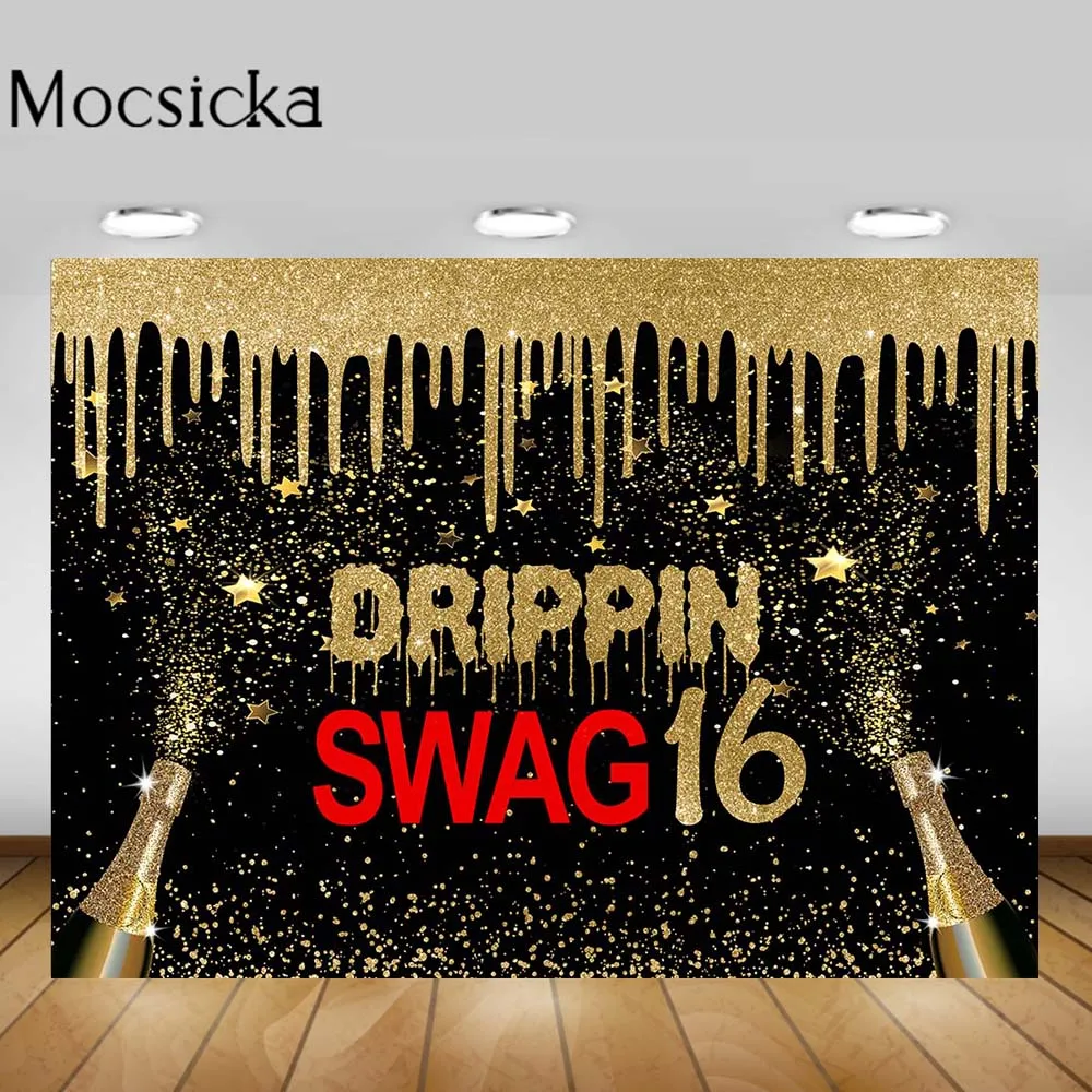 

Mocsicka Glitter Swag 16 Birthday Party Backdrop for Photography Drippin Gold Star Polka Dots Photo Background Decor Photocall