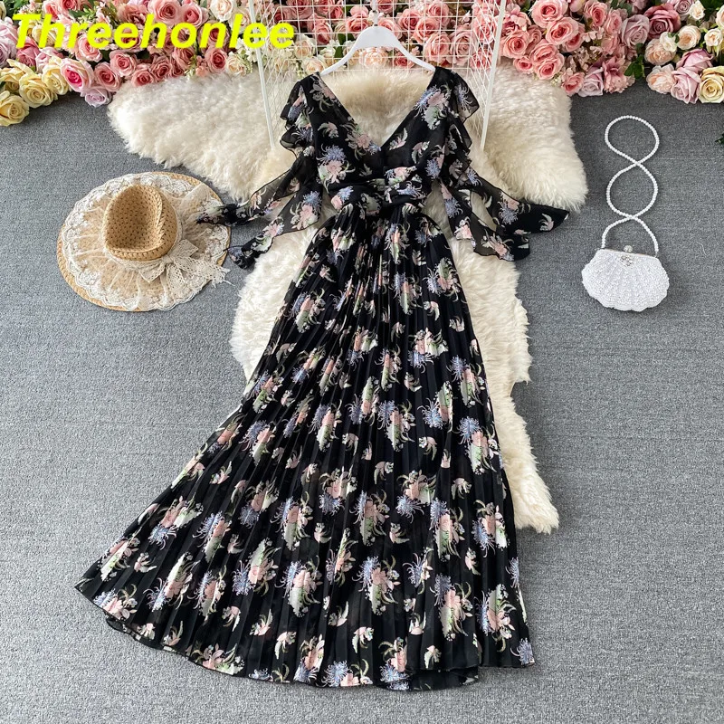 

Design Women High Quality Elegant V-neck Ruched Chiffon Beach Style Elasticity Waist Floral Print Runway Maxi Long Dress