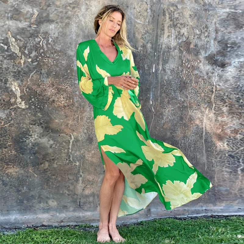 Элегантное зеленое Цветочное платье классическое пляжное с длинным рукавом и