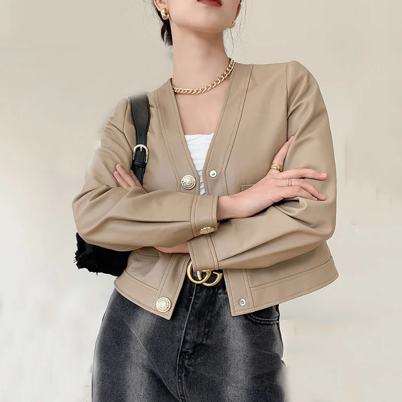 

Женские весенние куртки SHZQ, пальто из 2021 натуральной кожи, верхняя одежда из овечьей кожи с v-образным вырезом, Женская однотонная одежда