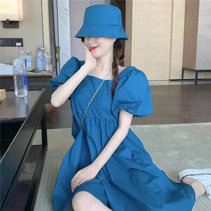 

KUSAHIKI Korean Plus Size Dresses for Women Puff Short Sleeve Square Collar Vestidos Femme High Waist A-line Sweet Dresses 6G012