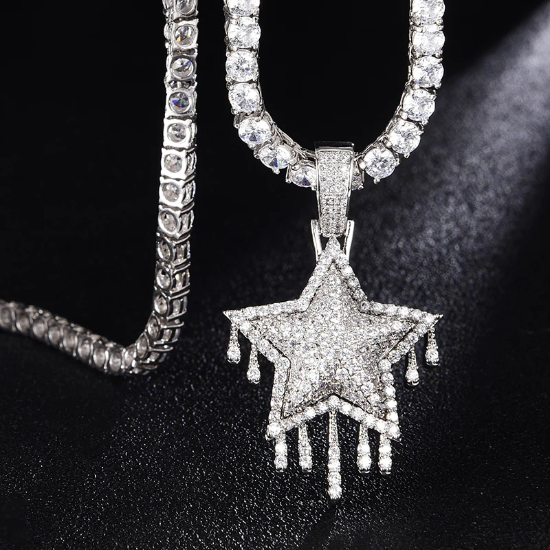 

US7 Pentagram Star Pendant Necklace For Women Men Iced Out Cubic Zircon Bling Drip Star Tassel Hip Hop Jewelry Rope Chain