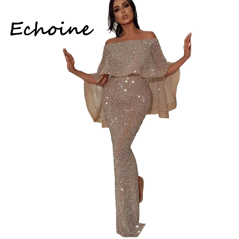 Echoine/платье с оборками и вырезом лодочкой, с открытыми плечами, блестящее, с высоким разрезом, облегающее, вечерние, ночное, длинное платье Vestidos