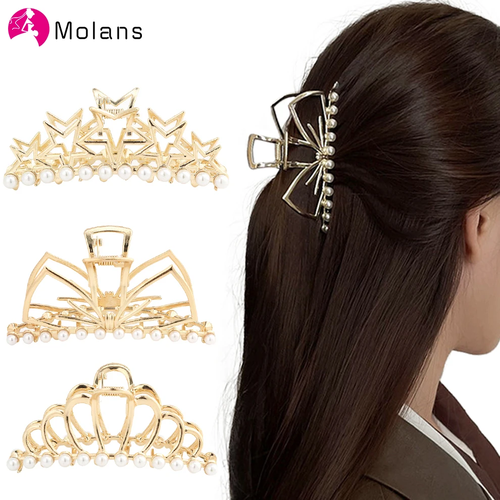 

Molans, однотонные, большие Когти для волос, Элегантные Заколки для волос из сплава, заколки для волос с жемчугом, заколки для волос, головные уб...