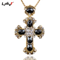 leeker vintage big black stones cross pendant necklace long chain women statement jewelry 312 lk3