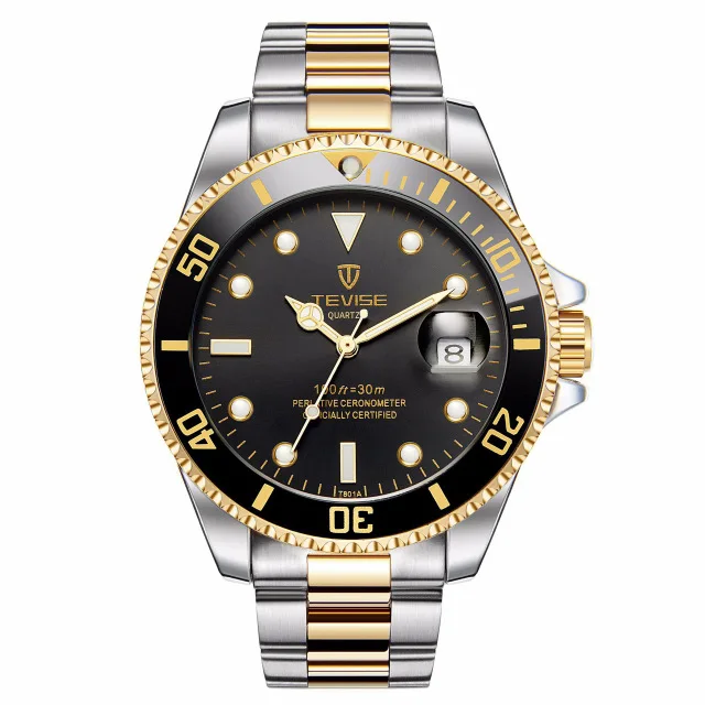 gold black quartz Модный бренд TEVISE зеленая вода Призрак для мужчин Stailness сталь Автоматические механические/Кварцевые часы для мужчин светящиеся Бизнес наручные часы - Цвет: gold black quartz