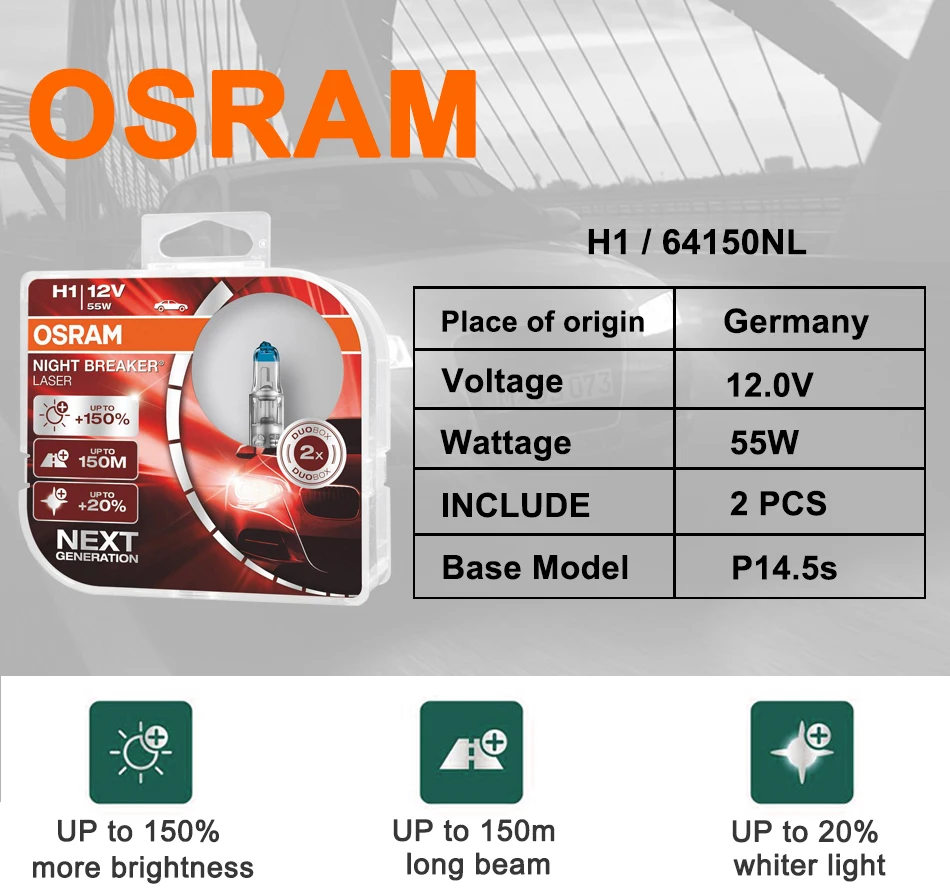Лампа Ксеноновая OSRAM+ 20% больше белого света Night breaker лазерной следующего поколения H1 галогенные лампы 12V 55W Противотуманные лампы H1 64150NL+ 150% Яркость 1 пара