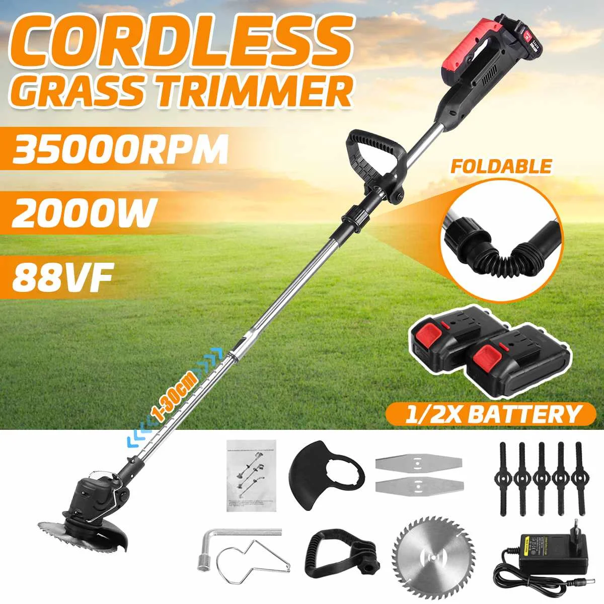88VF 2000W Electric Grass Trimmer With 2PC Li-ion Battery Lawn Mower Powerful Cutter Weeder Cordless Cutting Machine Garden Tool