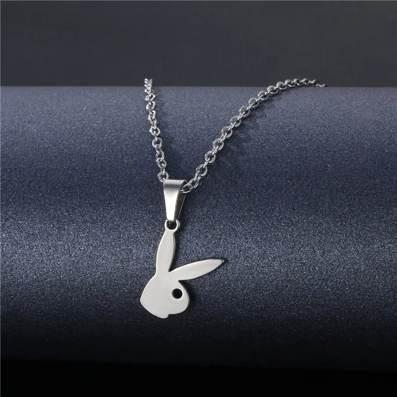 Women Femme Stainless Steel Cute Silver Color Rabbit Animal Pendant Necklace Lovely Bunny Chain Choker Necklace Collier