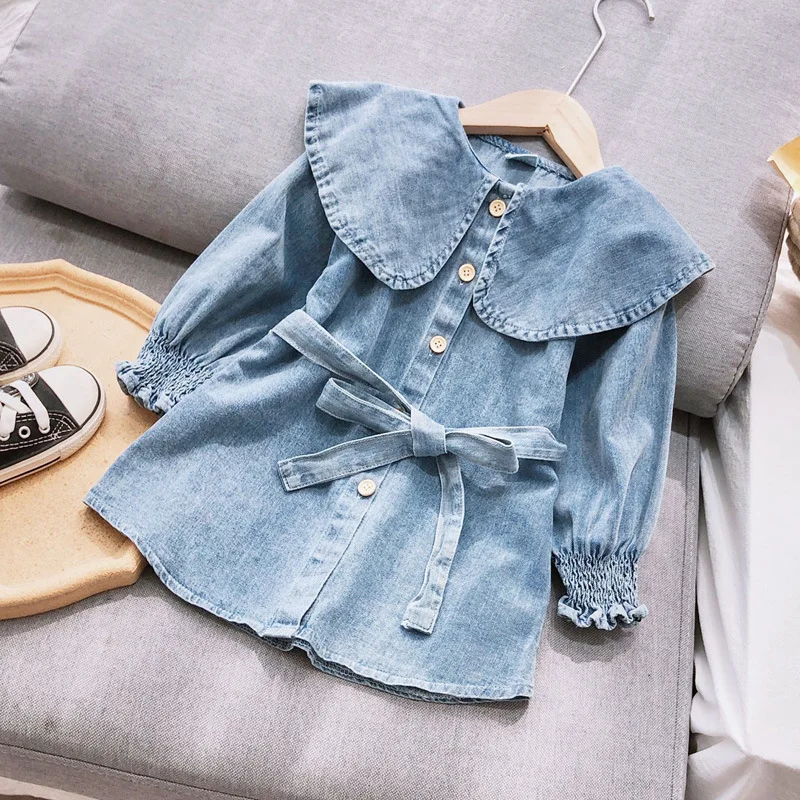 

Повседневное джинсовое платье для девочек, детское осеннее цельное джинсовое платье для маленьких детей