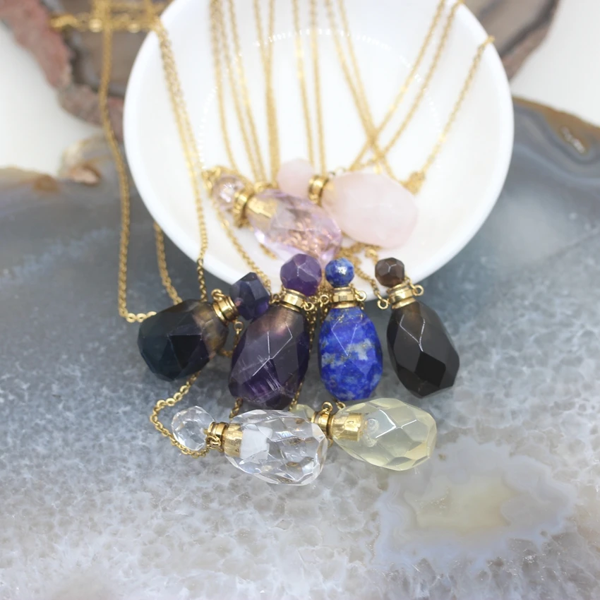 

Faceted Gems Crystal Perfume Bottle Pendant Plated Gold Chain,Natural Stone Quartz Essential Oil Diffuser Vial Necklace Charms