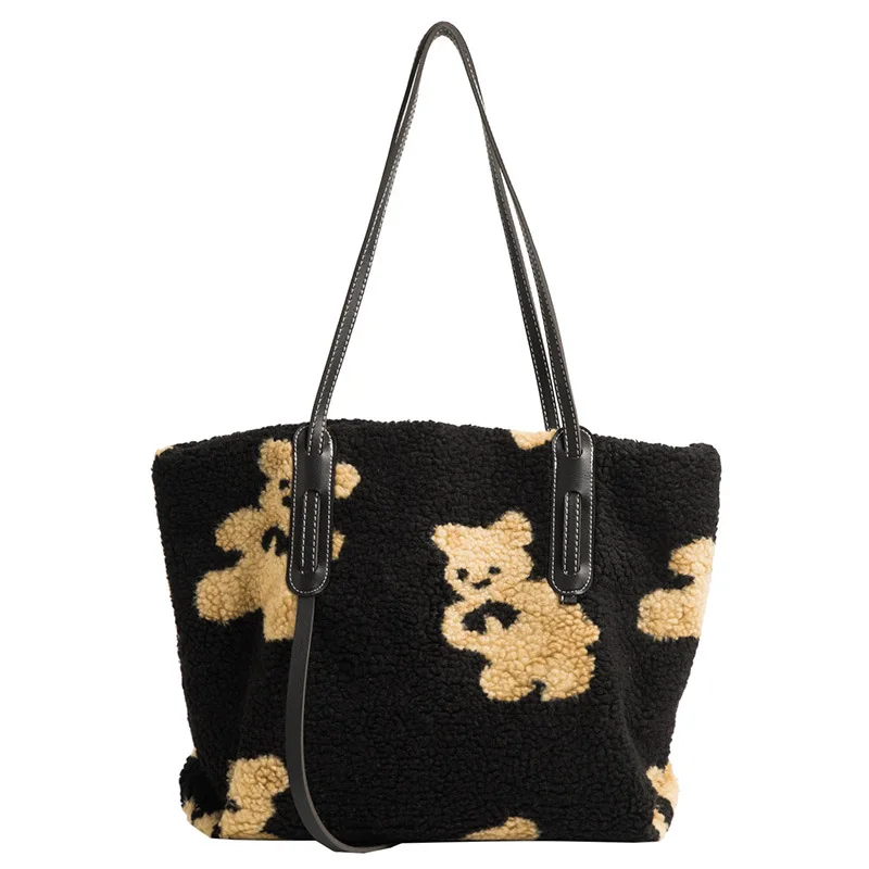 

2021 New Arrivals Women's Shoulder Bag Woollen Print Bear Female Cute Design Versatile Women Casual Student Tote Bags