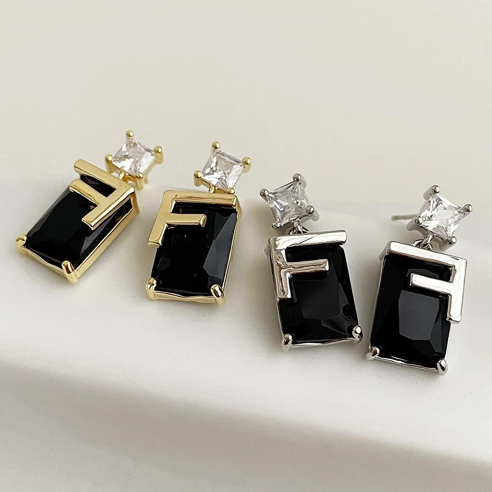 

Ghidbk Luxury Double Square Clear Zircon & Black Crystal Drop Earrings For Women Daily Work Geometric Letter Drops Ear Accessory