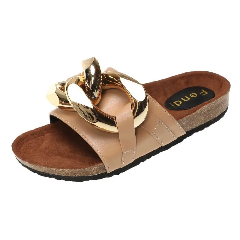 

Flat Shoes Female Woman's Slippers Rivet Big Size Low Slides 2021 Beach Summer Hoof Heels Metal Decoration Scandals PU Basic Fab