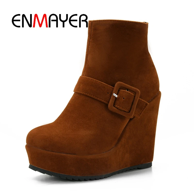 Женские ботильоны на танкетке ENMAYER черные модные ботинки платформе с квадратным