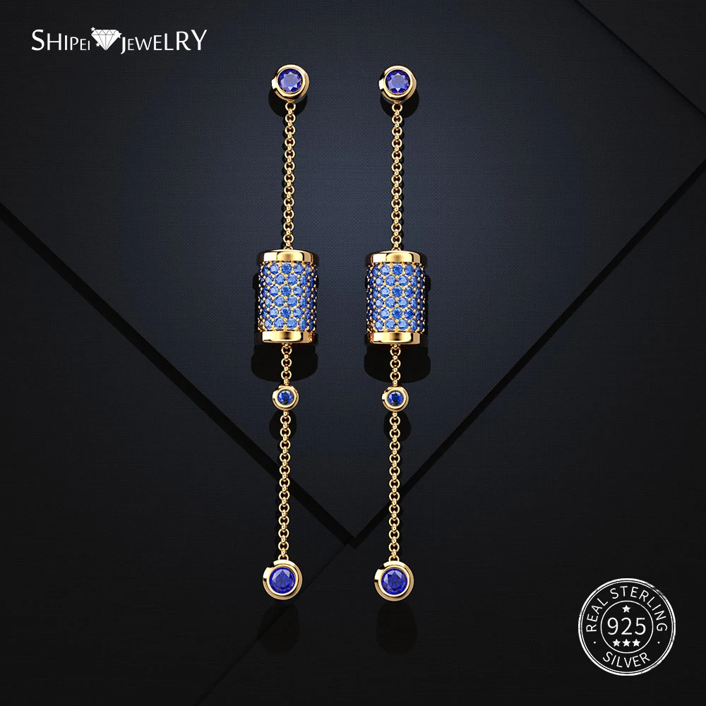 Женские серьги подвески из серебра 100% пробы с сапфировым