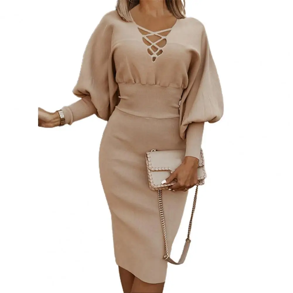 

New Women Fall Cutout Dresses Casual Slim Solid Color Hollow Out Crisscross V-Neck Long Lantern Sleeve Sexy Shift Party Dress
