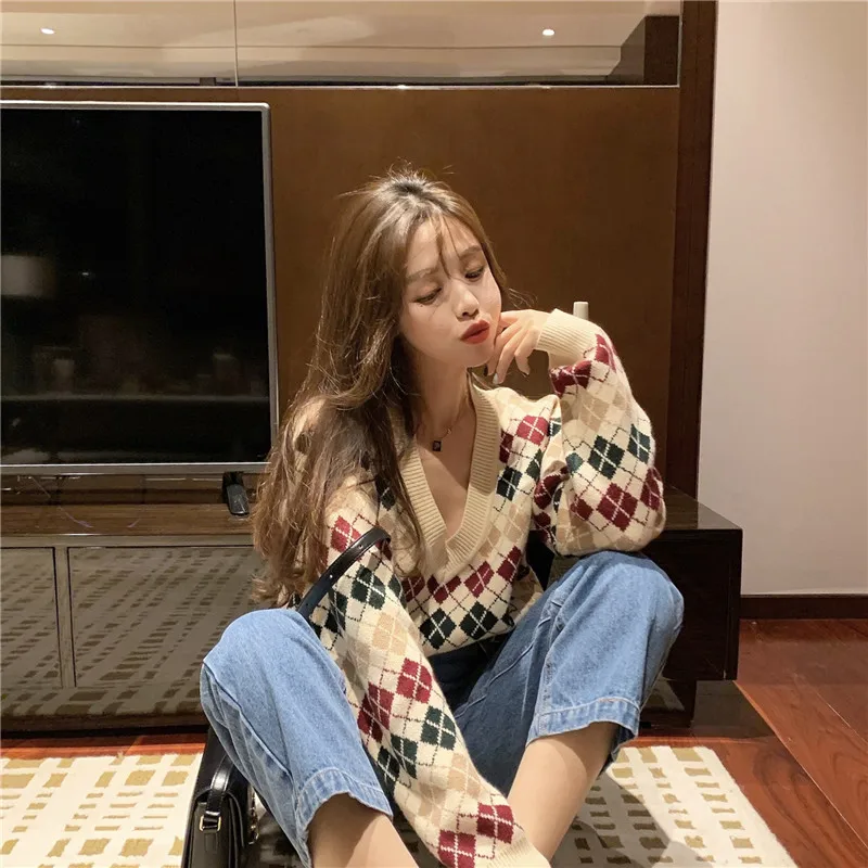 

GRUIICEEN New Collection Loose V-Neck Vintage Argyle Long Sleeve Autumn Winter Knitting Pullover Women Sweaters