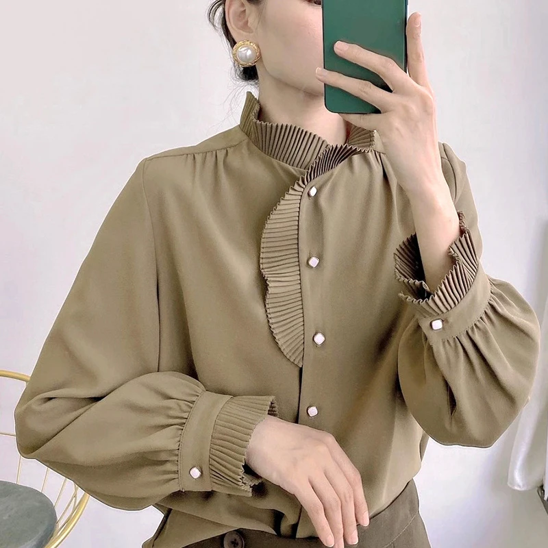 

ECRURANI Black Patchwork Shirt For Women Ruffle Collar Long Sleeve Ruched Temperament Solid Shirts Female New 2021 Tide Spring
