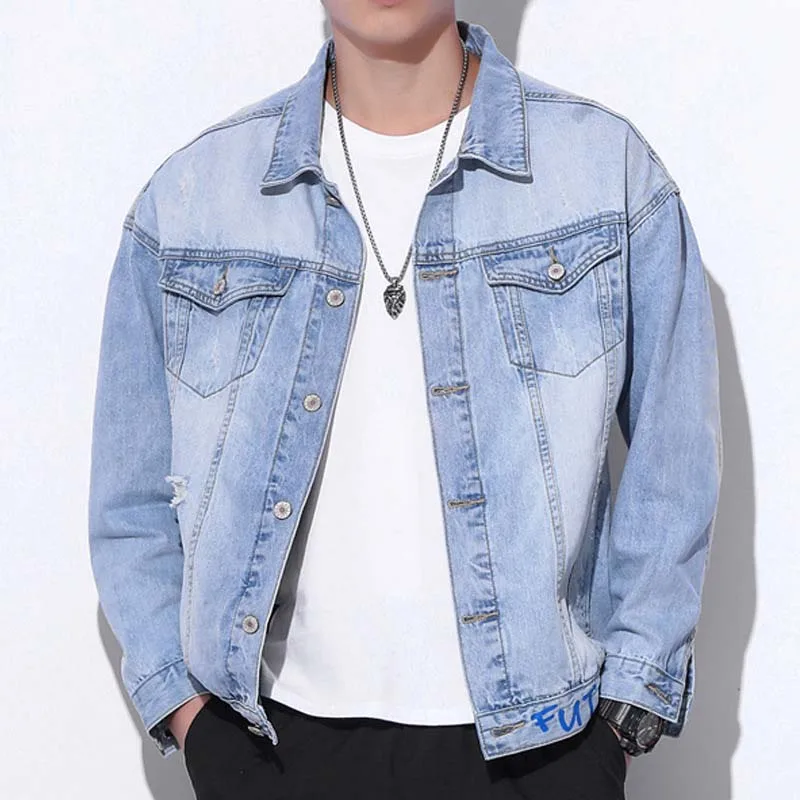 

Mcikkny Men Fashion Casual Denim Jackets With Holes Embroidered Outwear Coats Male Streetwear Washed