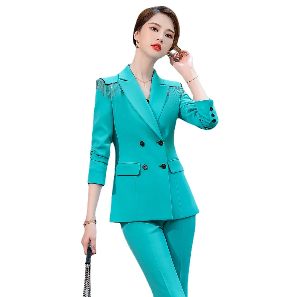 

2021 New Arrival Women Double Breasted Formal Ladies Pant Suit Blue White Black Fashion S-5XL 2 Piece Set With Beaded Tassel