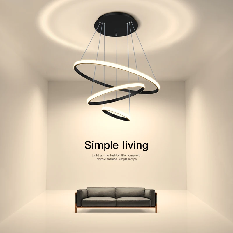 Minimalist Modern Led Chandelier Home Lighting Brushed Rings Ceiling Mounted Chandelier Lighting Hanging Lamp Black Color