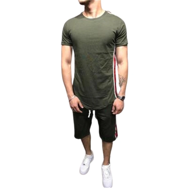 

New Summer Short Sleeve Sport Suits Men's Tracksuit Breathable Sweat Male Sportswear 2 Piece Set Shorts+T Shirt Striped Clothing