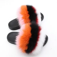 women real fox fur slippers fluffy mixed colors fur slides pu sandals with fur female rubber house flip flops plush shoes