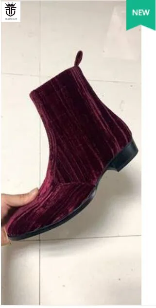 2020 new fashion men booties wine red Chelsea Boots zip up Boots point toe Men's party shoes heel 5cm velvet botas images - 6