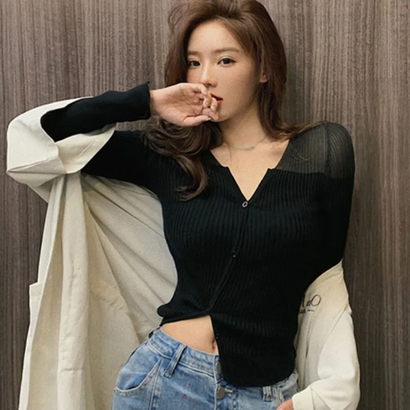 

Sexy Slim V-neck Lightweight Mesh Stitching Knit Top Cardigan Women