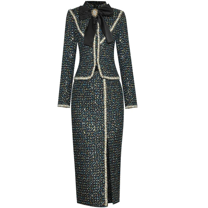 

Женский твидовый костюм с блестками, элегантный повседневный подиумный комплект из двух предметов, пальто с длинным рукавом и блестками, осень