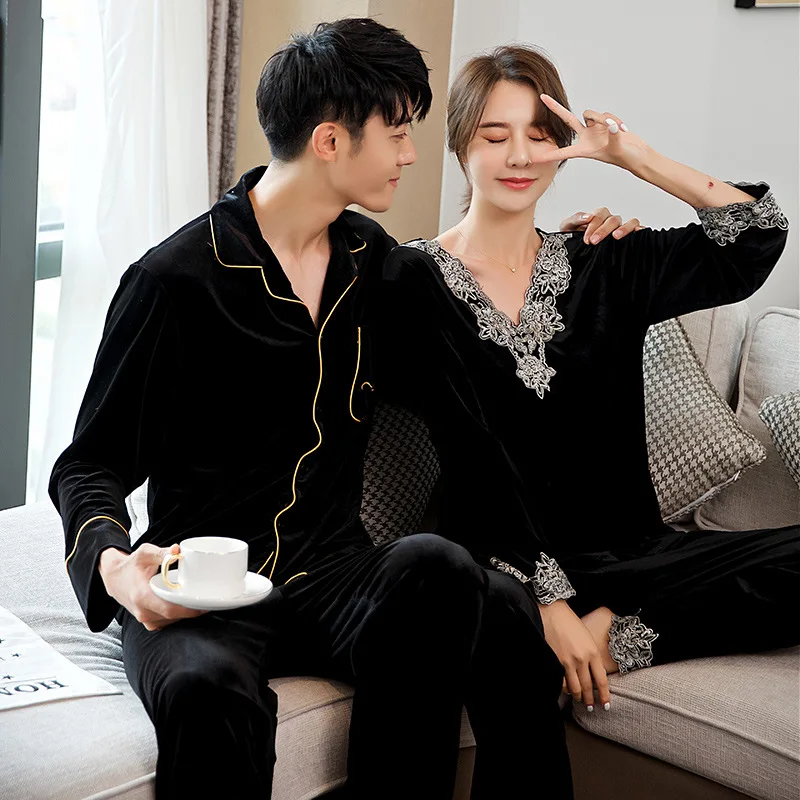 

Autumn Winter Pyjama Loose Men Women Couple Gold Velvet Long Sleeve Pijama Set Warm Sleepwear Top+ Men Pant Young Lover Pajamas