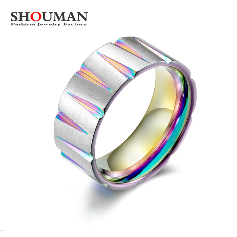 

SHOUMAN Rainbow Color V Shape Groove Titanium Steel Wedding Rings For Men Anillo Masculino Gifts Accessories