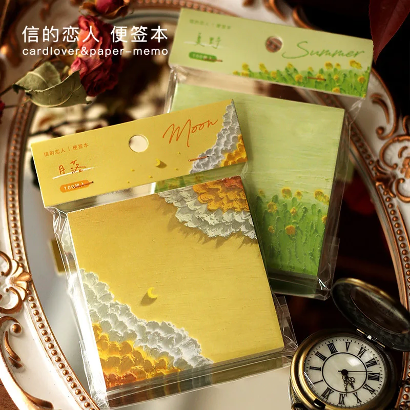 

100 Pcs Four Seasons Oil Painting Series Memo Pad Message Notes Decorative Notepad Note Paper Memo Stationery Office Supplies