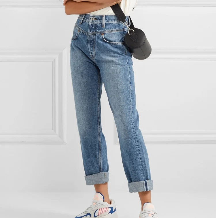 

Big power Liu Wen 19 autumn winter double waist straight tube blue curled high waist jeans